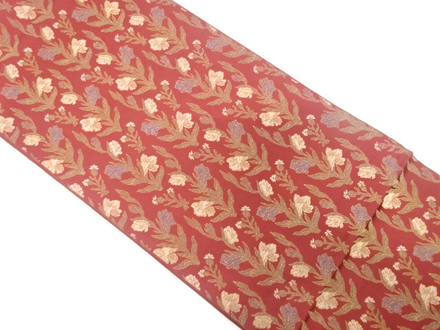 JAPANESE KIMONO / FUKURO OBI / SILK / WOVEN FLORAL PLANTS / BY KAWASHIMA ORIMONO